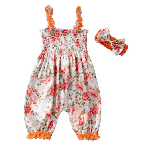 Odeerbi Baby Girls Boys Clothes Baby Rompers Toddler Flower Print Lace Bow Sling Cute Bloomers Jumpsuit