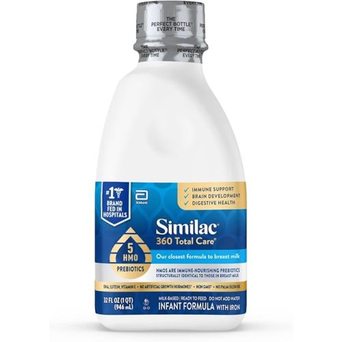 Similac 360 Total Care Infant Formula, Has 5 HMO Prebiotics, Our Closest Prebiotic Blend to Breast Milk, Non-GMO,‡ Baby Formula, Ready to Feed, 32-fl-oz Bottle