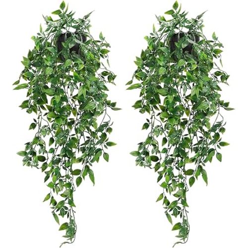 Whonline 2pcs Fake Hanging Plants, Artificial Potted Plants for Indoor Outdoor Aesthetic Office Living Room Shelf Decor