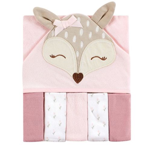 Hudson Baby Infant Girl Hooded Towel and Five Washcloths, Fawn, One Size