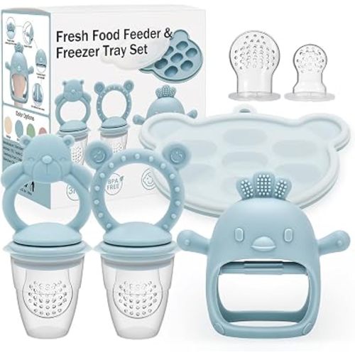 4 Pack Silicone Teething Mitten for Babies with Baby Fruit Food Feeder & Freezer Tray Set, BPA Free Infant Teething Relief Toy for 3 Month+, Additional Silicone Sacs