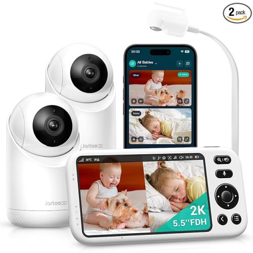 Jartoo Smart Baby Monitor with 2K 2 Cameras & Mount, 5.5" Screen, Hybrid Wi-Fi and No Wi-Fi Connection, Long Range, AI-Powered Detection, Free App & 24/7 Recording, ANR