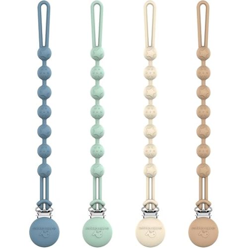 Cuddle Campus Silicone Pacifier Clip Holder with One Piece Design, Pack of 4 Soft Flexible Binky Clips with Texture for Baby Boy and Girl Set 1(6M+)