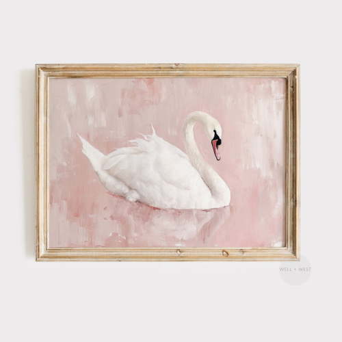 Modroom Swan Art, White Swan, Pastel Blush Pink Artwork, Coquette Girl Nursery Decor, Girly Aesthetic, P085, Modern Decor, 16x24 UNFRAMED