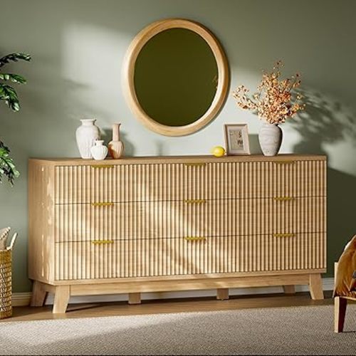 Fluted Dresser with 9 Drawers, 63" Wide Modern Chest of Drawers with Metal Handle, Wooden Dresser TV Stand, Wood Closet Clothes Storage Organizer for Bedroom, Living Room, Hallway, Natural Oak