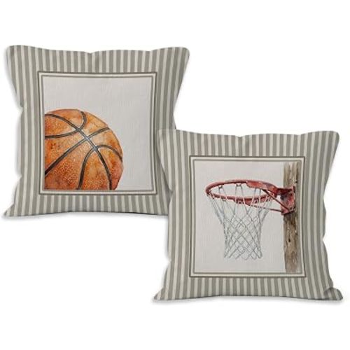 Vintage Basketball Sports Throw Pillow Covers Set of 2, Sports Nursery Decorative Pillow Covers 18x18 for Kids Toddler Boy Nursery Room Bedroom Playroom Decor, Basketball Lover Gifts