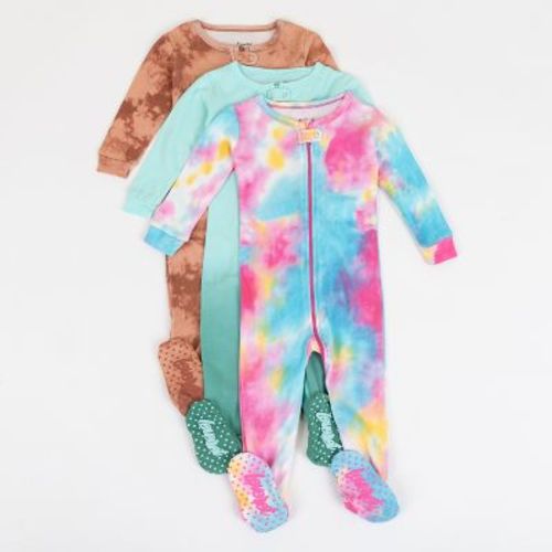 Leveret Girls Cotton Baby Footed Pajamas – 3 Pack – Tie Dye Rainbow Sleepers