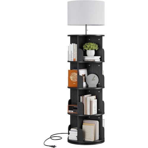 Black Rotating 4-Tier Bookshelf with Adjustable Lights, 360° Spinning Bookcase Tower, Tall Floor Standing Book Shelf for Bedroom, Living Room