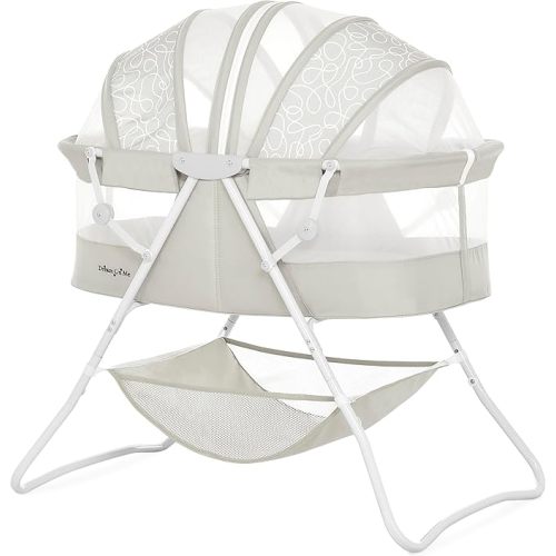 Dream On Me Karley Portable Newborn Bassinet with Double Mesh Canopy, Foldable Travel Bassinet with Storage Basket, Lightweight, Indoor Outdoor Use, Cool Gray