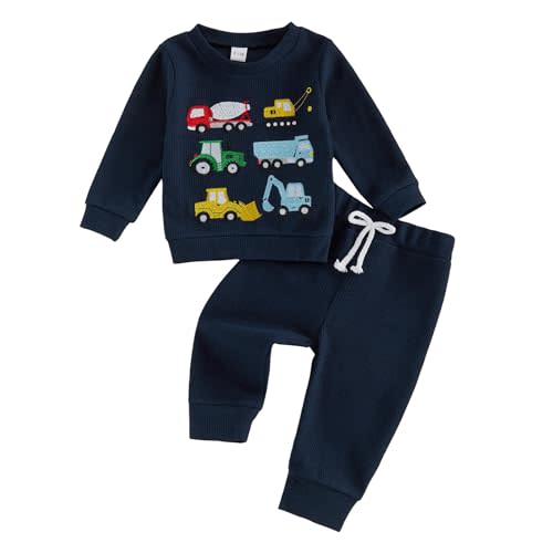 FOCUSNORM Toddler Baby Boy Fall Clothes Truck Waffle Sweatshirt and Pants | Truck Embroidered Waffle Long Sleeve 2 Pcs Set Winter Outfit 6 12 18 24 Months 2T 3T 4T Boy Clothes