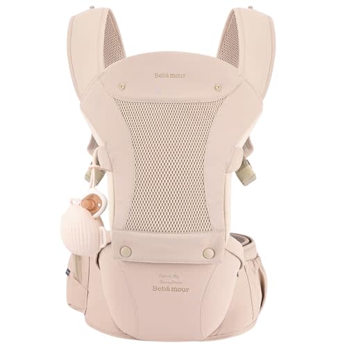 Bebamour Baby Carrier with Hip Seat,All-Position Breathable Mesh Hip Seat & Carrier 0-36Months with Head Hood, 3 PCS Teething Pads, Waist Extender,Storage Bag & Pacifier Case (Pink)