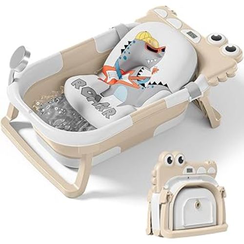 TPN Collapsible Baby Bathtub, Baby Bath Tub with Soft Cushion & Real-Time Thermometer, Baby Bathtub Infant to Toddler Tub (0-36 Months), Portable Travel Baby Tubs for Newborns (Beige)