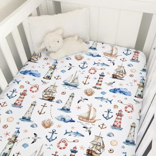 Watercolor Sailing Adventure Baby Crib Sheet 52''x28'' Nautical Life Lighthouse Boat Anchor Stretchy Fitted Crib Mattress Cover Boy Girl Beach Summer Baby Bed Sheet for Standard Crib Toddler Mattress