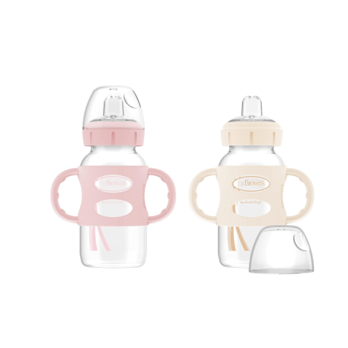 Dr. Brown's Milestones Wide-Neck Sippy Spout Bottle with 100% Silicone Handles, Easy-Grip Handles with Soft Sippy Spout, 9oz/270mL, Light-Pink & Ecru, 2-Pack, 6m+
