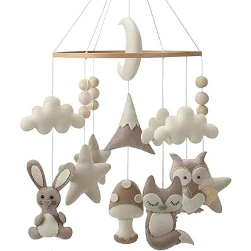 Animal Mobile for Crib - A Handmade Neutral Woodland Crib Mobile with Forest Animals and Clouds for a Neutral Nursery