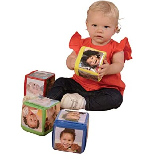 Constructive Playthings Stacking Blocks with Photo Pockets, 4-Piece Foam Baby Blocks Holds 24 Photos, Builds Fine Motor Skills, Spatial Reasoning, Toddler Toys for Ages 12 Months & Older