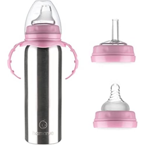 3-in-1 Stainless Steel Sippy Cups for Toddlers | Non-Toxic Insulated Stainless Steel Baby Bottle | Straw Cup With Removeable Handles | Plastic Free Liquid Transfer (8 oz Pink)
