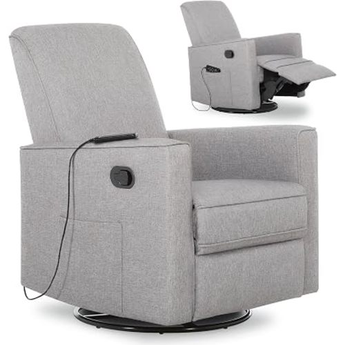 Evolur Raleigh Glider with Massager in Charcoal, Upholstered Plush Seating 360° Swivel Glider Rocking Chair, FSC Certified, Greenguard Gold & JPMA Certified Nursery Glider Recliner