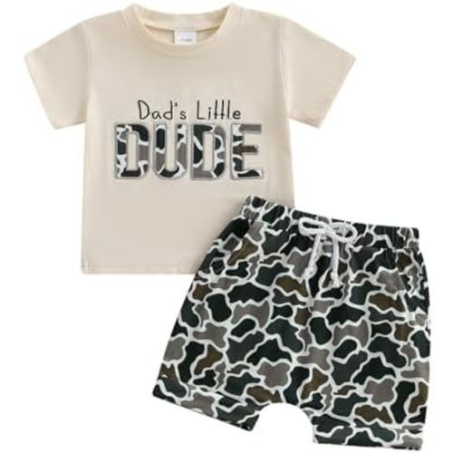 Toddler Baby Boy Summer Clothes Retro Embroidery Duck Hunting Shirts T-Shirt + Elastic Camouflage Shorts Set