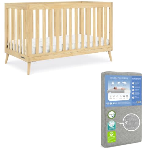 Delta Children Essex 4-in-1 Baby Crib & Mattress, Natural | 2-Piece Nursery Furniture Set Includes 4-in-1 Convertible Crib + Waterproof Crib Mattress, GREENGUARD Gold Certified