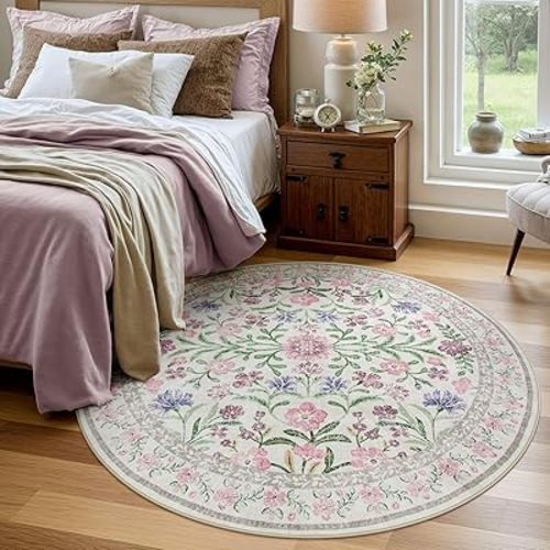 Wonnitar Floral Purple Round Area Rug 5ft, Soft Washable Kids Room Rug, Boho Ultra-Thin Non Slip Circle Carpet for Bedroom Girls Nursery Dorm Living Room Classroom, Light Purple/Pink