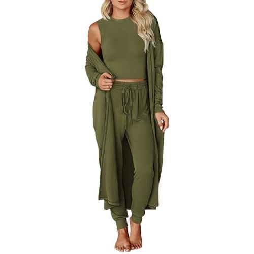 KIRUNDO 3 Piece Lounge Sets for Women Airport Travel Vacation Outfits Spring Cardigan Matching Sleeveless Top Jogger Pants