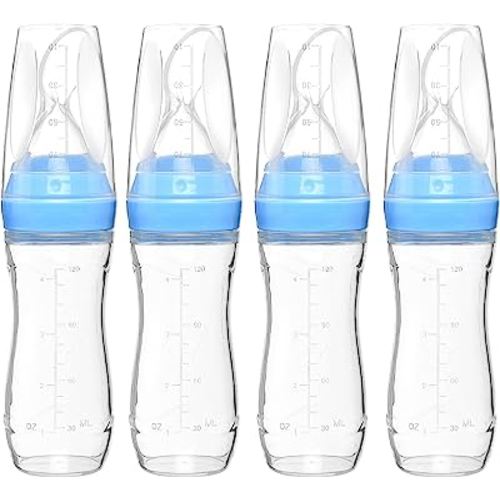 4 oz Silicone Baby Food Dispensing Spoon - 4 Pack - Great for 4+ Month Infants - Includes Stopper - Easy to Use and Mess-Free - Precise Food-Release Feeder - Great for Travel (Blue)