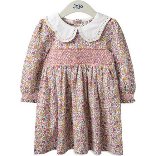 Peter Pan Collar Floral Print Smocked Cotton Dress, 0-3M