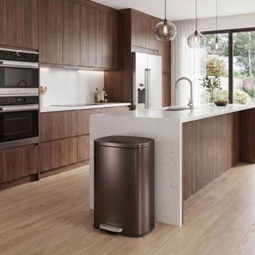 LEDREM Trash Can 13 Gallons, Steel Step Pedal Bin with Inner Bucket, Soft Close for Kitchen, Brown