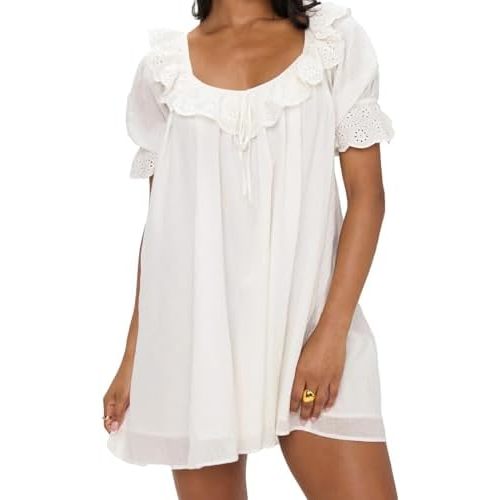 Meiyi station Womens Eyelet Babydoll Dress Ruffle Collar Puff Sleeve Scoop Neck Tie Back Mini Short Dresses