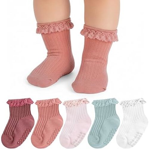 5 Pairs Baby Girl Ruffle Socks, Non Slip Grip Socks - Cotton Infant Ankle Sock for 0-12 Months Newborn Toddlers (White, Pink, Peach, Purgundy, Green)