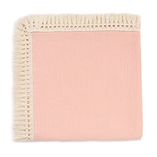insular Cotton Muslin Baby Blanket with Tassel, Boho Bohemian Muslin Swaddle Blanket Baby Receiving Blanket with Fringe, Nursery Decor Throw or Nursing Blankets, 47" x40”, Pink
