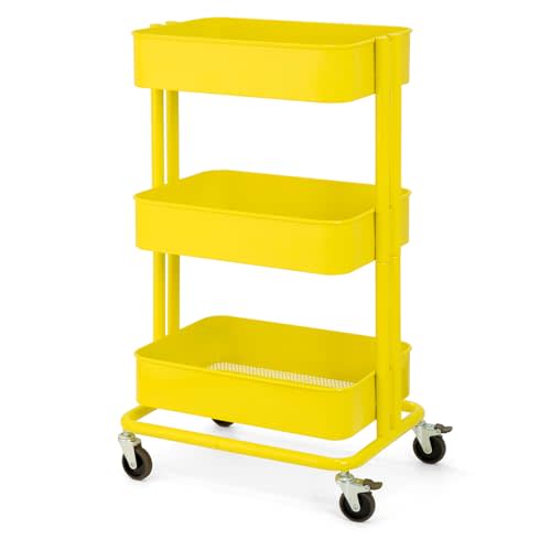 3 Tier Rolling Cart Metal Heavy Duty Utility Cart with Silent Caster Lockable Wheel Multi-Functional Organization Carts Storage Trolley with Mesh Shelves for Office Kitchen Living Room Yellow