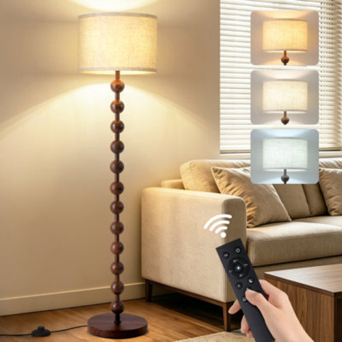 62" Vintage Farmhouse Floor Lamp, 3-Color Dimmable, Remote & Foot Switch, Rustic Wood Grain Tall Standing Lamp(Walnut) | Wayfair
