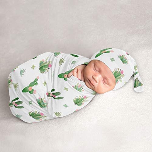 Sweet Jojo Designs Cactus Floral Baby Girl Cocoon and Beanie Hat 2pc Set Jersey Stretch Knit Sleeping Bag for Infant Newborn Nursery Sleep Wrap Sack - Pink and Green Boho Watercolor Desert