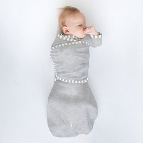 Omni Swaddle Sack with Wrap & Arms up Sleeves & Mitten Cuffs - Heathered Gray with Stripe Trim 0-3 Months