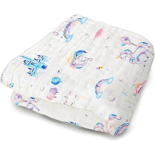 ZPECC Muslin Baby Blanket Thicker, 30x40 Organic Cotton Newborn Receiving Quilt Hypoallergenic for Baby Essentials Swaddle Crib Stroller, Unicorn