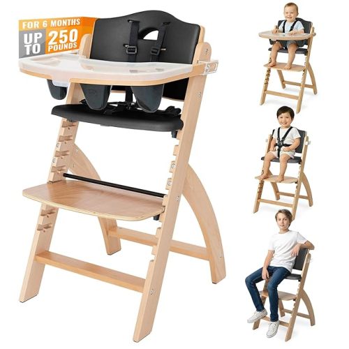 Abiie Beyond Junior Wooden High Chair for Babies and Toddlers - Convertible 3-in-1 Baby Highchair with Removable Tray - 6 Months to 250 Lb - Water Resistant - Natural Wood/Black Pearl Cushion