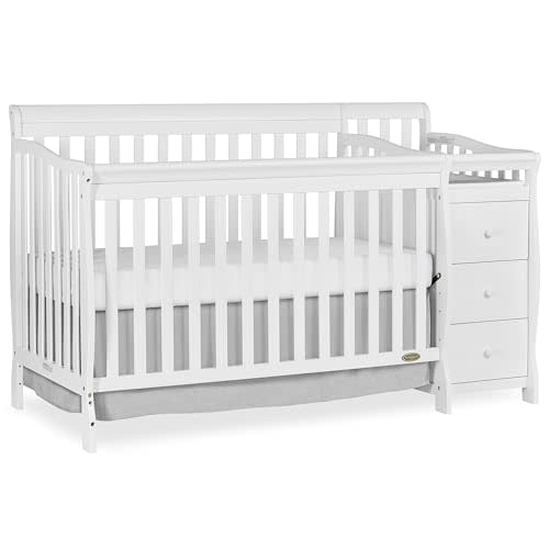 Dream On Me Brody 5-in-1 Convertible Full-Size Baby Crib & 3-Drawer Changer in White, Pinewood, GreenGuard Gold & JPMA, 1” Changer Pad, 3 Mattress Heights, Converts to Toddler & Full Size Bed