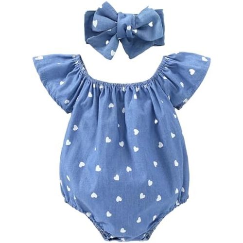 Baby Girl Summer Clothes Outfits Flutter Sleeve Denim Heart Romper One Piece Jumpsuit Bodysuit