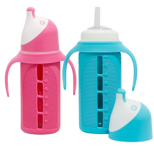 Set of 2 - Glass Sippy Cup for Toddlers - The Luca | Spill-Proof | Silicone Straw | Cherry Blossom Pink & Bright Blue | 8 oz | Liquids Never Touch Plastic | Removable Handles… (Pink/Purple)