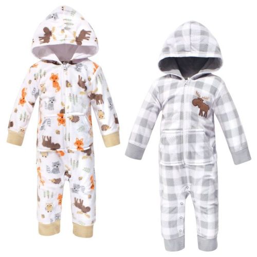Hudson Baby Infant Boy Fleece Jumpsuits, Coveralls, and Playsuits 2pk, Woodland, 6-9 Months
