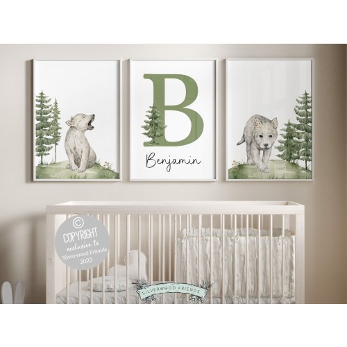 ORIGINAL Baby Wolf Nursery Prints, Wolf Nursery Decor, Woodland Forest Nursery Decor Baby Shower Gift, Custom Baby Name Sign Digital Prints