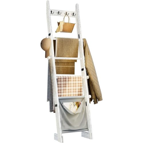 5-Tier Blanket Ladder Shelf, 5.3FT (63'') Wall Leaning Blanket Ladders for Living Room Bedroom, Decorative Quilt Rack with 4 Metal Hooks, Rustic Farmhouse Decorative Ladder for Blankets, White