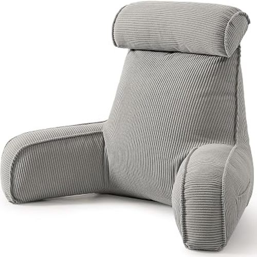Corduroy Reading Pillow for Sitting Up in Bed, Backrest Pillow with Arms, Full Back Support Cushion with Side Pockets & Washable Cover, Adult Support for Sofa Couch Floor, Light Gray