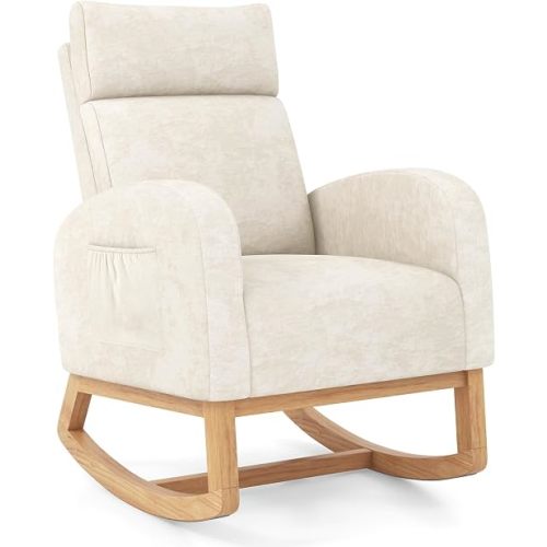 Giantex Rocking Chair Nursery, Upholstered Chenille Rocker Chair w/Side Pocket, Natural Rubber Wood Frame, High Back