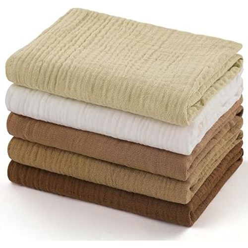 MUKIN Baby Washcloths,Muslin Burp Cloths Towels for Newborns,Absorbent Cotton Bath Face Towel ，5 Pack, 12x12 Inches (Amber Glow)