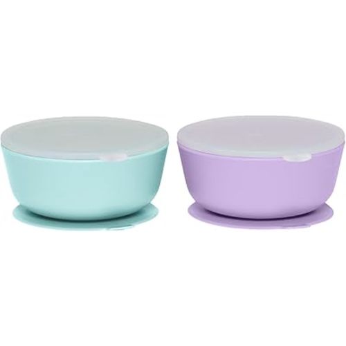 WeeSprout Suction Bowls for Baby & Toddlers (Set of 2) - 100% Silicone w/Plastic Lid - Leak Proof Feeding Supplies - Dishwasher & Microwave Safe Infant Dinnerware w/Extra Strong Base