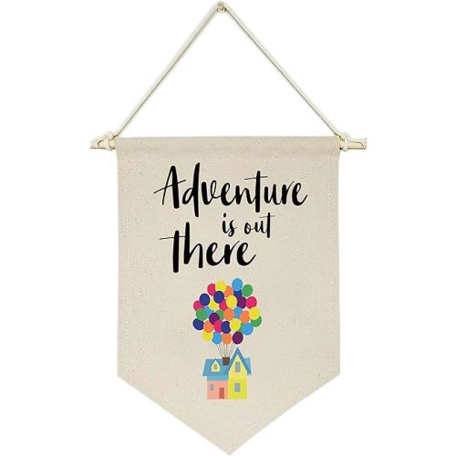 Adventure Is Out There -Canvas Hanging Flag Banner Wall Sign Decor Gift for Baby Kids Girl Boy Nursery Teen Room Front Door - Hydrogen Balloon, Travel Around the World