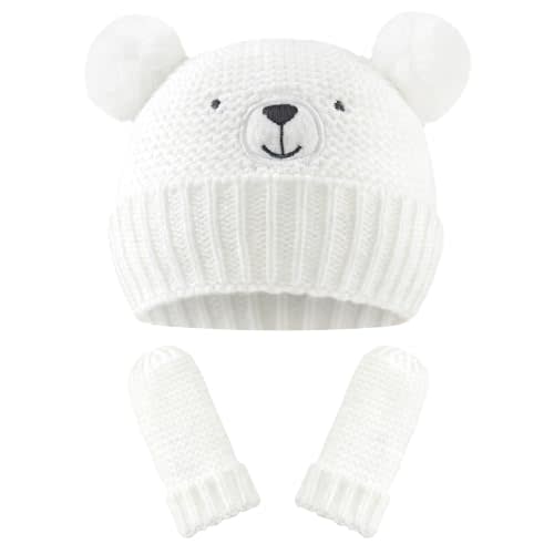 JANGANNSA Cute Bear Baby Beanie Pompom Infant Toddler Baby Boys Hat Mitten